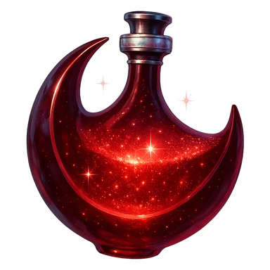 red moon-shaped luxurious elixir bottle, mysterious and mystical, deep red color, iridescent and silver details, intense magical glowing and sparkling effects, very small neck, seamless bottom, transparent background, floating, no base or shadow, modern, matching a collection sticker
