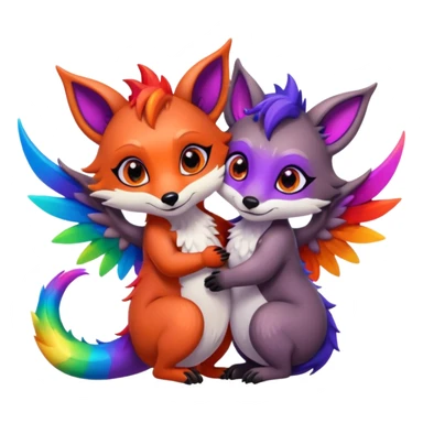 black female raccoon dragon hybrid with rainbow colored wings and purple eyes hugging a red female fox dragon hybrid with rainbow colored wings and orange eyes sticker