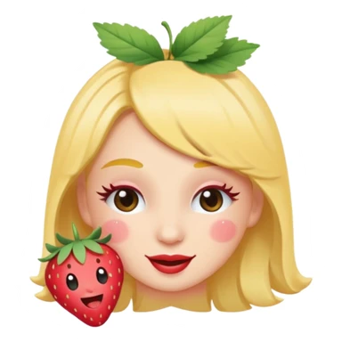 Emoji coquette, winking face with tiny strawberry sticker on cheek, fluttering eyelashes, pastel peach background, minimal vector, 512x512, transparent background
 sticker