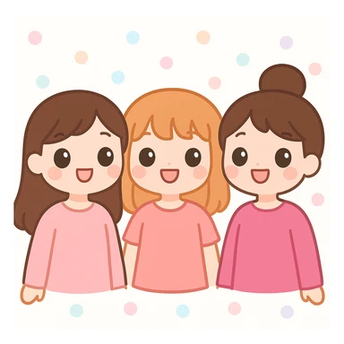 three girl best friends, cute cartoon style, top half of their bodies, different shades of pink clothing, smiling, happy vibe sticker