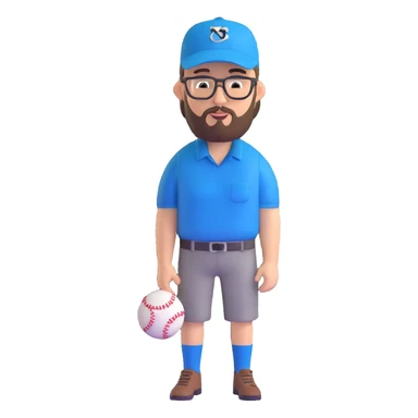 adventurer with goatee beard (no beard on cheeks), short hair, glasses and backwards baseball cap sticker