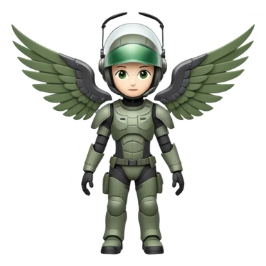A character with a dark helmet and bright visor.
They wear a detailed grey and green tactical suit.
Large, articulated mechanical wings are spread wide. sticker