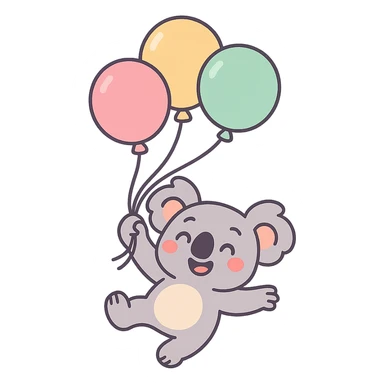 koala floating with pastel balloons, happy face, pastel-toon style sticker