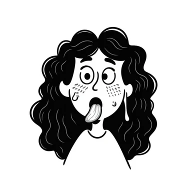 shocked woman with long messy curly black hair, thick goopy white liquid on cheeks, lips, tongue, tongue out, eyes wide open, gunk dripping and matting hair sticker