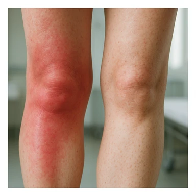 Hyperrealistic human legs in the phase of disinflamation, skin with redness and swelling decreasing, areas gradually transitioning from red to normal, clinical atmosphere, natural light, 4K details. Variant 4, focus on transition areas. sticker