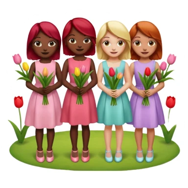 girls at a garden party wearing pastel dresses and holding tulips, one is black, one is blond, one has brown hair, one has red hair sticker