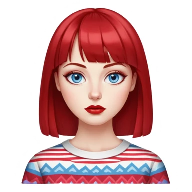 Creative woman with fair skin, oval face, striking blue eyes with eyeliner, thin eyebrows, small nose, medium lips with bright lipstick, dark red hair with straight bangs, wearing a red and white printed top, artistic expression sticker