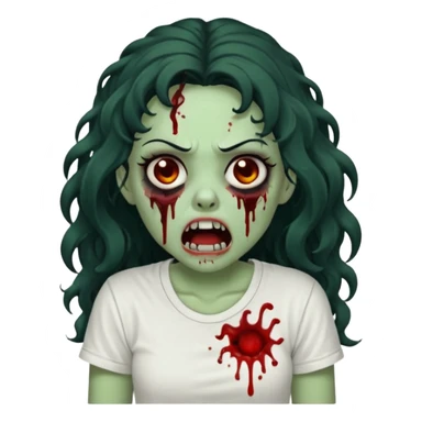 a zombie with long curly black hair volumoso, brown eyes, a white t-shirt and a splash of blood on her t-shirt, mouth open like a zombie, green skin color, not much expression, no drawing on shirt, no hands showing, less blood on her face, less blood, black hair and black eyes sticker