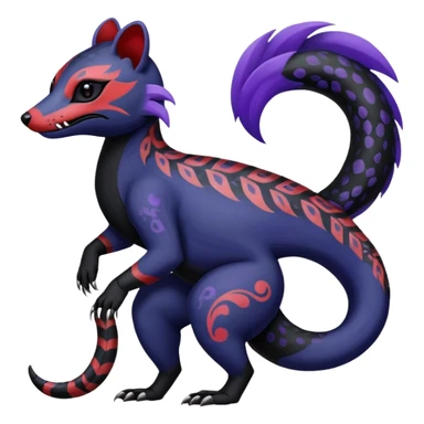 Rare warm-colored exotic gloomy tropical edgy cute epic aesthetic spooky indigo violet white black red gothic colorful Salandit-Noibat-Civet-species-Fakemon-hybrid-creature, with tribal tattoo markings, full body sticker
