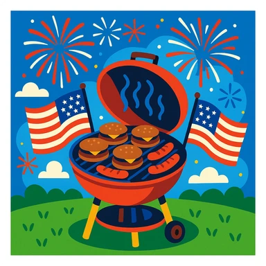 barbecue grill with burgers and hot dogs, 4th of July, summer, cheerful sticker
