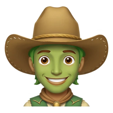 A green cowboy, smiling face with a cowboy hat and green skin sticker