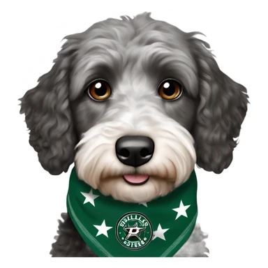 Aussiedoodle wearing a neck bandana with the NHL Dallas Stars hockey team logo sticker