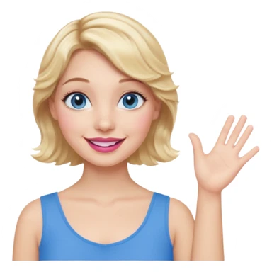 Girl Blonde short wavy hair,  blue eyes, cute blue top, long lashes, pink lips, smiling, one hand in the air sticker