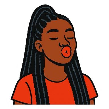 Black girl with long black braids, half up half down hairstyle, doing a kissy face sticker