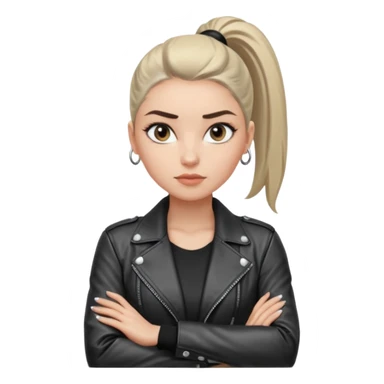 สีตาสีเทาอ่อน มีประกายคม
คิ้วได้รูป มองแล้วดูสตรอง
ผมหางม้าสูง
ลุคสตรีทแฟชั่น
ท่าโพสกอดอก
ฟีล: Girl Boss, cool beauty, minimal but powerful sticker