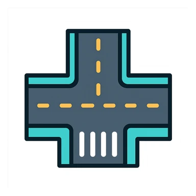 stylized T-shaped road, top-down view, with sidewalks and crosswalks, minimal background sticker