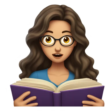 brunette long wavy hair woman shocked face while holding and reading book sticker