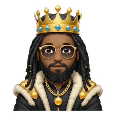 African American man with shoulder length black dreadlocks with black beard wearing  dark black sunglasses with a black bubble winter coat wearing a crown with arms folded sticker