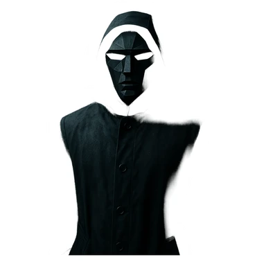 Squid Game series, Front Man in black mask and coat, mysterious atmosphere sticker