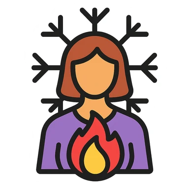 woman silhouette with a stylized fire in her chest and a large snowflake encircling her, representing menopause sticker