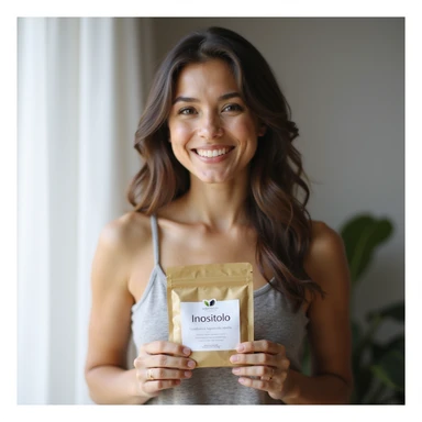 realistic photograph of a smiling woman holding a package with the word 'Inositolo' clearly visible, natural and healthy appearance, bright home environment, natural light, no evident signs of PCOS sticker