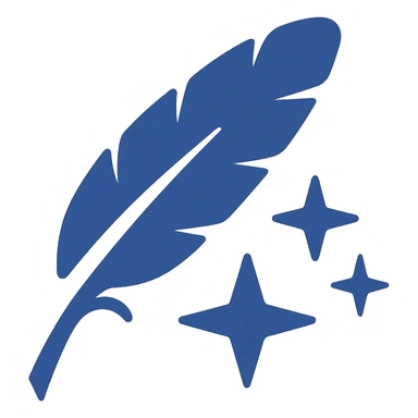 Reimagine the Wonderdraft icon in a minimalistic, flat blue style consistent with previous icons. Use shades of blue for the feather and stars, keeping the design clean and simple. The feather and stars should be easily recognizable, with a fully transparent background, minimal use of other colors, and prioritize clarity and recognizability. sticker