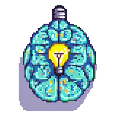 brain with a lightbulb, symbolizing ideas, pixel art sticker
