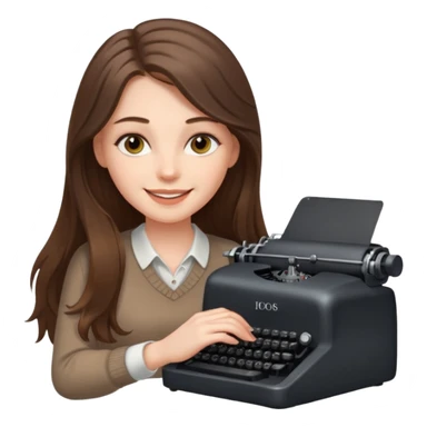 smiling white long brunette hair girl with hazel eyes typing on a typewriter sticker