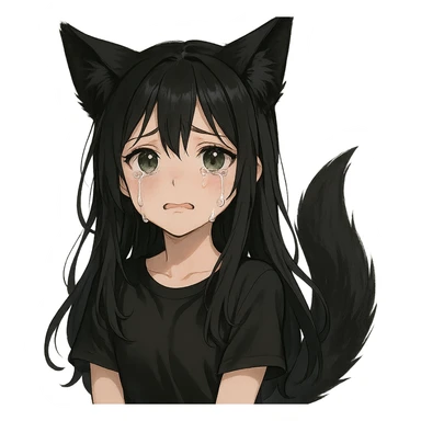 A girl with tears, black fox ears, and a tail, green eyes, dark hair sticker