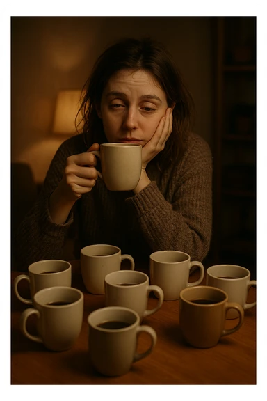 donna con stanchezza cronica distrutta e stanca che si fa tanti caffè sticker