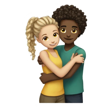 a boy light skinned boy with dreadlocks hugging a light skinned girl  with a curly ponytail sticker