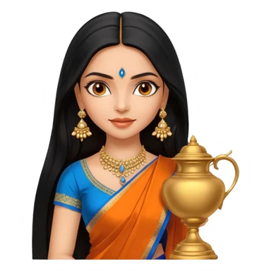 generate a pretty bratz Deepika Padukone with long black hair middle parted.
Wearing an orange saree with a blue blouse, golden jhumkas
SHe shoudl look like deepika padukone. dark brown eyes and carrying an urn sticker