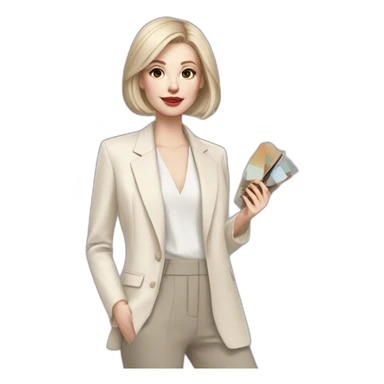 pale skin woman with ash blonde Straightened bob Hair, White Spacious classical jacket, beige palazzo Arrow pants and gray blouse holding a color palette in the hands sticker