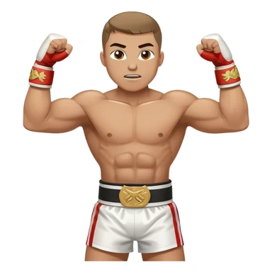 Boxing champion with arms raised in victory, wearing multiple championship belts around waist, determined expression, white hand wraps, muscular cartoon body sticker