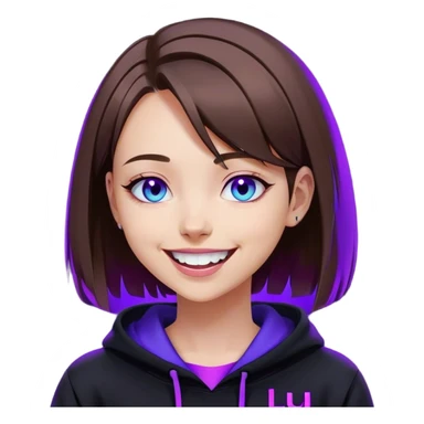 brown haired girl with a bob and blue eyes wearing black hoody with violet letters "Lu", laughs. Cyberpunk style. Violet neon. sticker