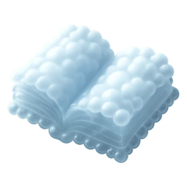 top view of a thick open book made entirely of small, very bright white fluffy convex clouds, matte glass style sticker