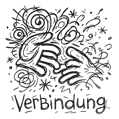Add the text 'Verbindung' below the icon in a chaotically drawn style with loose lines, on a transparent background. sticker