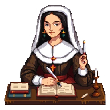 Sor Juana Inés de la Cruz with a quill pen and books sticker