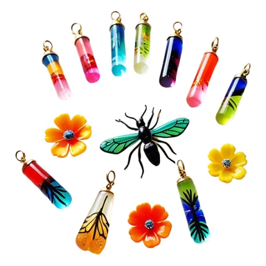 Create an icon that represents decorative arts using epoxy resin. The design should feature colorful tubes of resin, including fluorescent resin tubes, with visible drops or strokes of resin being applied to create intricate designs. Include finished resin jewelry pieces, such as pendants or rings, containing preserved flowers and insects encased in clear resin. The composition should feel vibrant, artistic, and delicate, showcasing the unique beauty of resin art with natural elements. The background should be transparent sticker