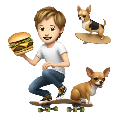 Pale white guy with straight shorter brown hair, eating a burger whilst doing a trick on a skateboard, with a chihuahua sticker