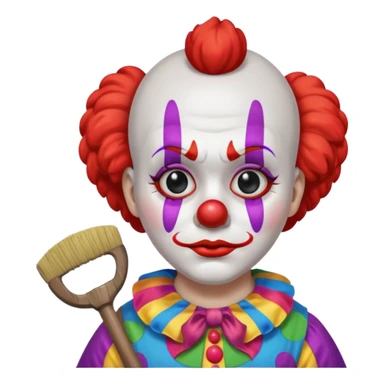a sad clown with a broom and an axe sticker