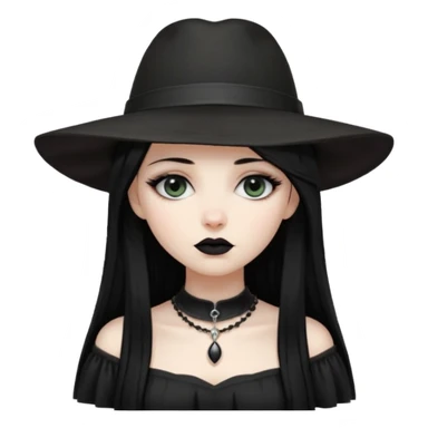 Female Goth with Wide-Brim Hat
 Long straight black hair, white skin, black dress, wide hat casting shadow over eyes. sticker