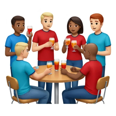 Ten adults in casual clothing with red, aqua and blue shirts, some with drinks chatting at an afterwork meeting sticker