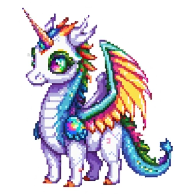 dragon with oversized eyes, rainbow-colored wings, and a unicorn horn sticker