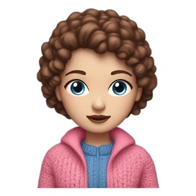 A girl with white skin, blue eyes, brown hair in a pink jacket, crochet sticker