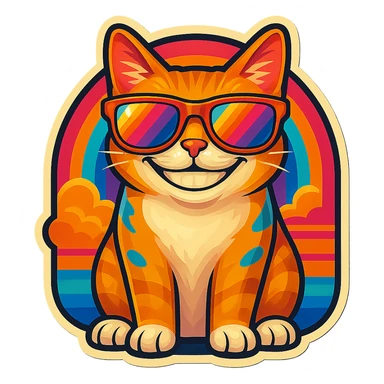 Make the cat smile, keep the same retro stickers aesthetic, rainbow sunglasses, and vibrant colorful background. sticker