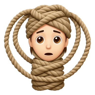 A cartoon person comically tangled and wrapped in rope with a silly surprised expression, looking confused sticker