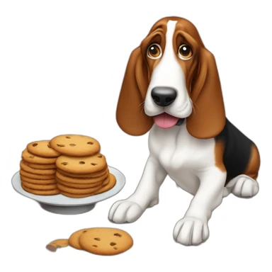 Basset hound dog stealing cookies from a table, missing his right eye sticker