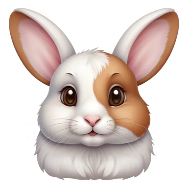 Cinematic Cute White and Brown Rabbit Portrait Emoji, Head tilted playfully and inquisitively, featuring a silky fur with a delicate mix of white and brown patches, round, sparkling eyes filled with curiosity, Simplified yet irresistibly adorable features, highly detailed, glowing with a warm, friendly glow, high shine, affectionate and lively, stylized with a touch of whimsy, bright and endearing, soft glowing outline, capturing the essence of a mischievous yet loving bunny, so playful it feels like it could hop out of the screen and into your arms! sticker