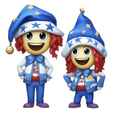 a blue and white moon-themed animatronic with red eyes, a blue sleeping cap with stars on it, jester ruffles, and baggy blue pants with star pattern on it sticker